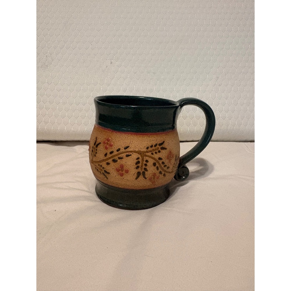 Studio Pottery Handcrafted Mug Green Tan Floral Vine Stoneware Coffee Cup 4.5"